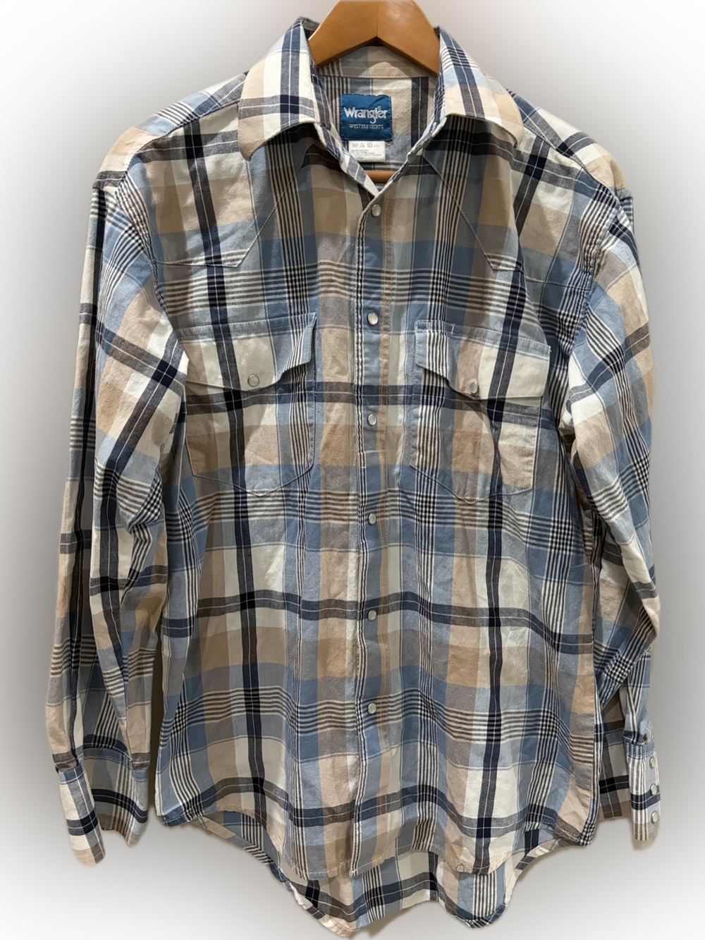 Wrangler Plaid Button-Down Shirt in Light Blue and Tan